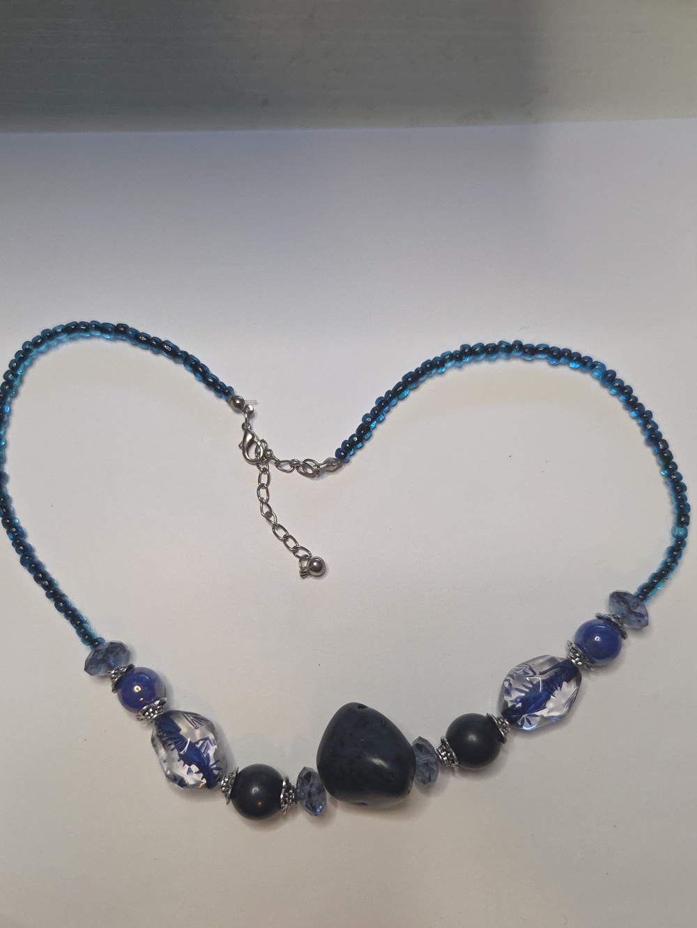 Blue Beaded Statement Necklace with Mixed Glass and Stone Accents